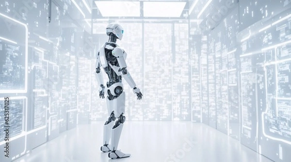 Fototapeta  A robotic figure in a white room, surrounded by data