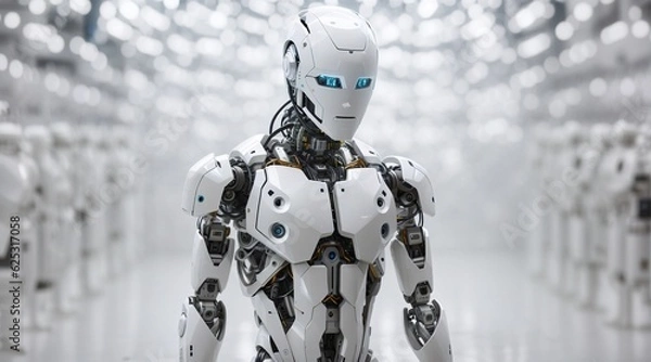 Fototapeta  A robotic figure in a white room, surrounded by