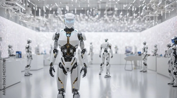 Fototapeta  A robotic figure in a white room, surrounded by robot army , group of cyborgs in factory