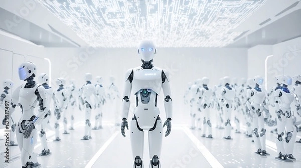 Fototapeta  A robotic figure in a white room, surrounded by robot army , group of cyborgs in factory