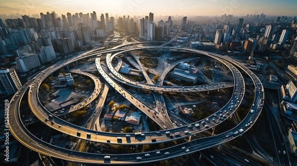 Fototapeta Aerial photography bird-eye view of City viaduct bridge road streetscape landscape Generative AI