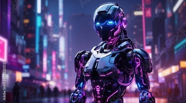 Fototapeta An AI-powered robot standing in a futuristic cityscape, illuminated by neon lights