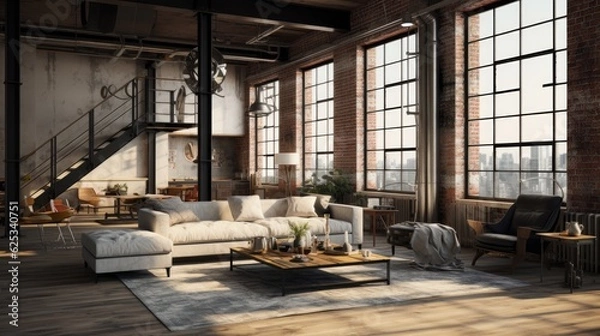 Fototapeta living room loft industrial style 3d