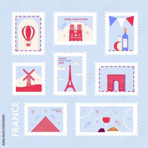 Fototapeta Set of vintage postage stamps Paris, France vector postcard. Travel to France Eiffel Tower, Seine, Arc de Triomphe, city view