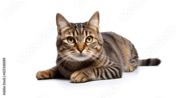 Fototapeta Funny large longhair gray tabby cute kitten with beautiful blue eyes. Pets and lifestyle concept. Lovely fluffy cat on white background.