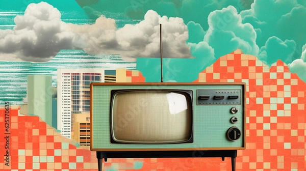 Fototapeta Digital horizontal collage with 1960s old TV on a green sky, surreal background with clouds, abstract vintage photo montage. paper cutout on retro screen television, poster with old-fashioned monitor