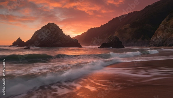 Fototapeta Idyllic sunset over majestic coastline, waves crash against rocky cliffs generated by AI