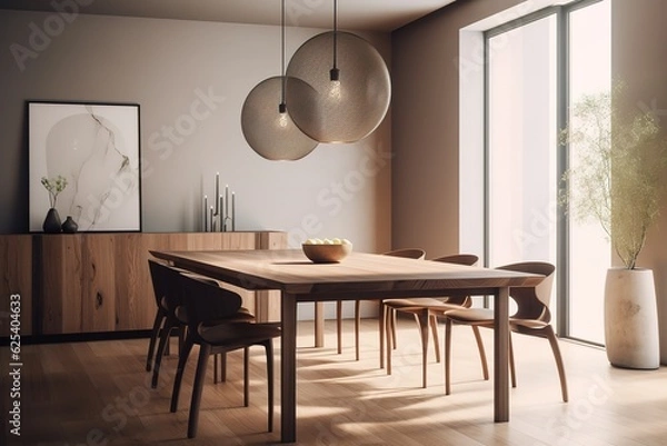 Fototapeta Beautiful Sustainable Lifestyle MCM Midcentury modern interior with wooden staircase kitchen island plants and large windows. Generative AI