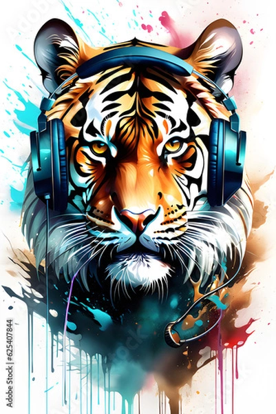 Obraz dj tiger with headphones and sunglasses t-shirts design Created with generative AI tools