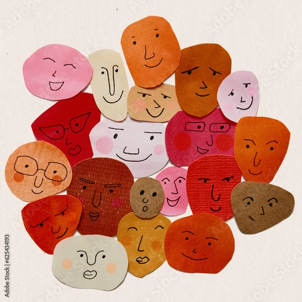 Fototapeta Positive representation of different people. Multicolored, multiracial, multicultural society concept. Cutout paper shapes with funny faces being happy together