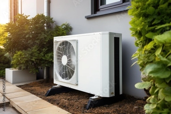 Fototapeta Air source heat pump installed in residential building. Generative AI