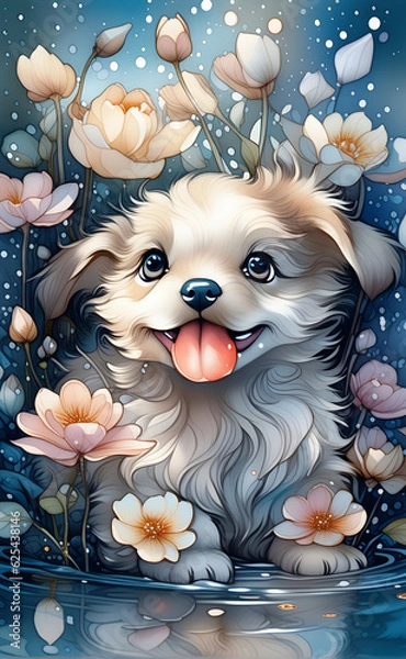Fototapeta puppy with flowers. Generative ai
