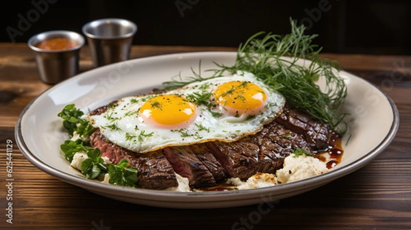 Obraz A mouthwatering image of a perfectly grilled steak and egg dish. Food Wallpaper. Generative Ai.