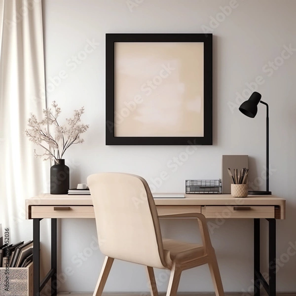 Fototapeta Home office room, modern interior design, wooden desk with black accessories, white minimal walls, home mockup