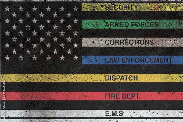 Obraz Thin Line First Responder American Flag Thin Line First Responder flag waving at cloudy sky background on sunset, panoramic view. copy space for wide banner.