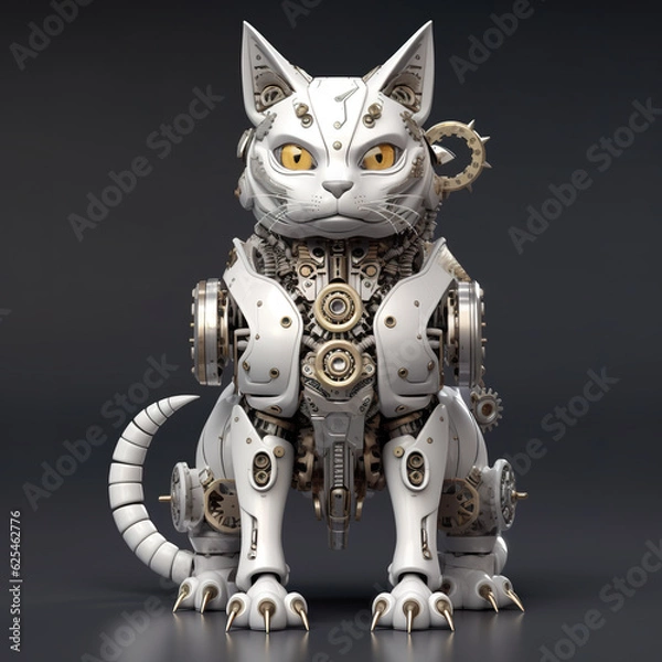 Fototapeta A white cat with yellow eyes sitting on top of a table. Generative AI. Mechanical creature.