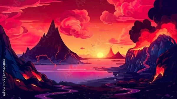 Fototapeta Abstract background fire volcanoes and lava. Illustration in a banner design, highlighting the mesmerizing beauty and destructive force of fire volcanoes and flowing lava. Generative AI.