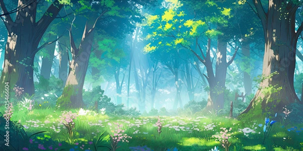 Fototapeta anime cartoon style woodland forest background banner, generated ai
