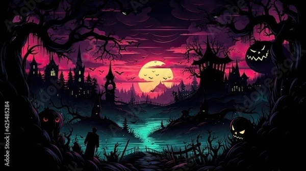 Fototapeta Dark Spooky Halloween background with haunted house, full moon, pumpkins and trees. AI illustration..