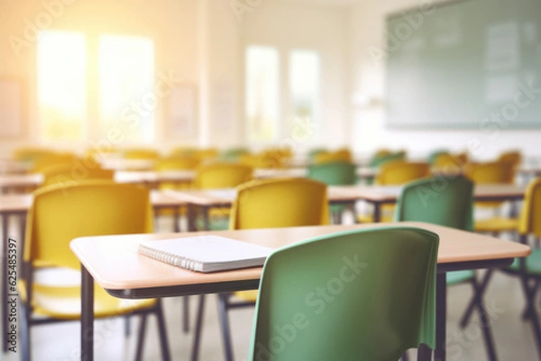 Fototapeta Empty classroom with notebook on the table. Back to school concept