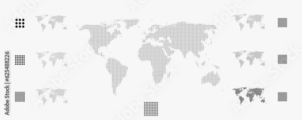 Obraz Set of flat earth world maps with round dots in different resolution. Round pixel pattern. Modern digital globe. Black dots on white background. Worldmap template for website, infographics, design.