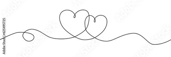 Fototapeta Two hearts with continuous hand line drawing of love sign. Minimal vector design.