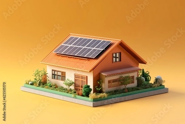 Fototapeta 3d model, layout of an eco-friendly, energy-efficient house. Energy Efficient House. Renewable energy concept. Selective focus. Generative AI technology.