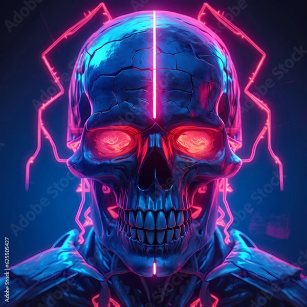 Fototapeta Neon skull art, t-shirt print. Happy Halloween. Day of the Dead. Generative AI