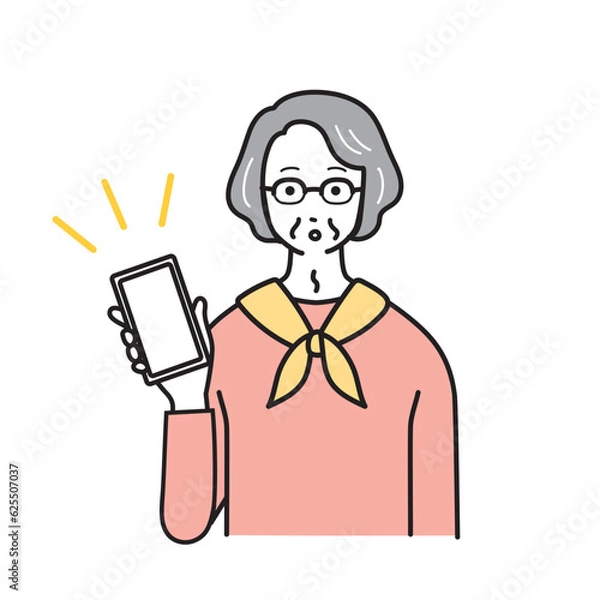 Fototapeta スマートフォンとシニア女性のシンプルなイラスト
