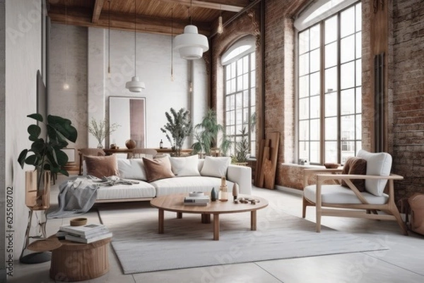 Fototapeta A chic modern studio apartment with wooden columns in the loft style, brick, marble, and wood decorations, chic furniture, and white walls. Generative AI