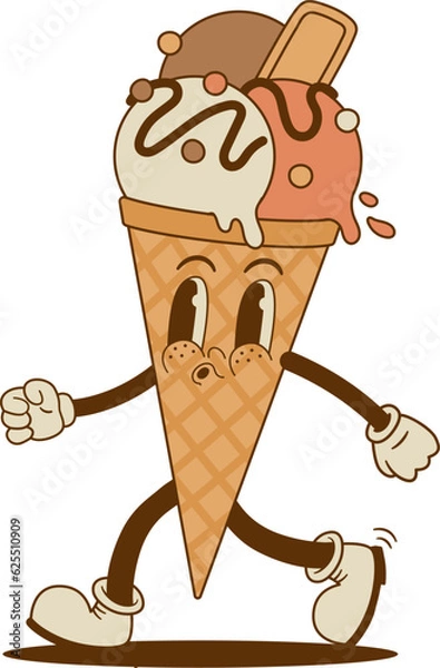 Obraz Retro cartoon Ice cream cone character in groove style. Vector illustration. Vintage sweet frozen food mascot. Nostalgia 70s, 80s