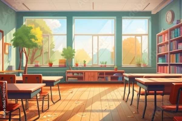Fototapeta Cartoon classroom interior with view on the blackboard, school desks with chairs, bookcase, door, and window.