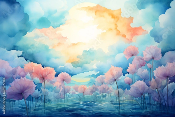 Fototapeta A dreamy watercolor representation of the sun shining through the ozone layer, diffusing UV rays Generative AI