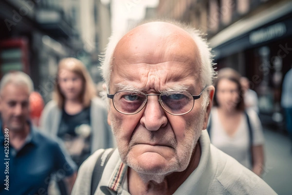 Fototapeta Funny old man with a grumpy face looking angrily at the camera. Shot on the street in a busy city. Generative AI