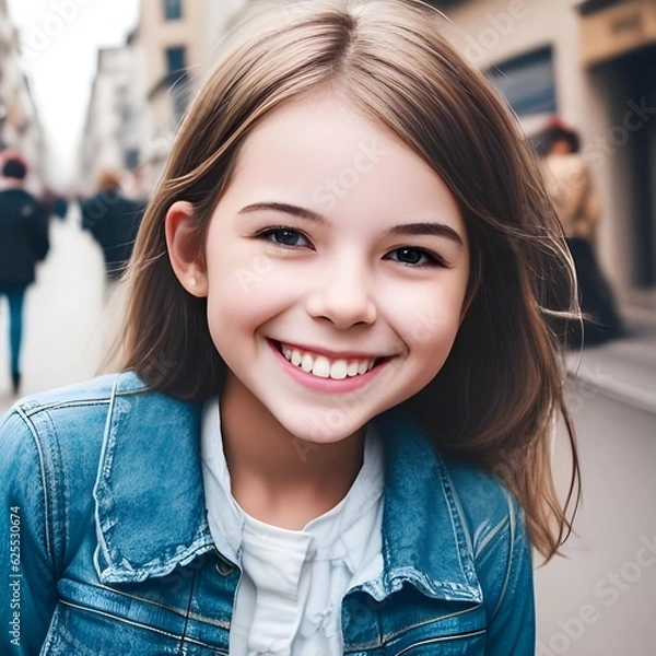 Fototapeta The girl is smiling on the street. AI generated
