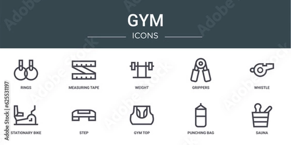 Fototapeta set of 10 outline web gym icons such as rings, measuring tape, weight, grippers, whistle, stationary bike, step vector icons for report, presentation, diagram, web design, mobile app