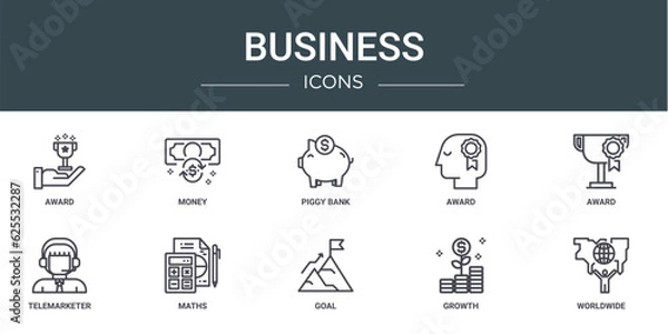 Fototapeta set of 10 outline web business icons such as award, money, piggy bank, award, award, telemarketer, maths vector icons for report, presentation, diagram, web design, mobile app