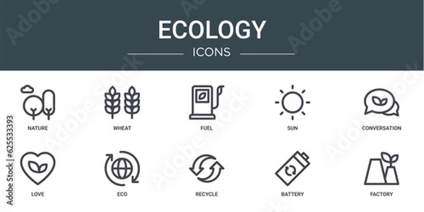Obraz set of 10 outline web ecology icons such as nature, wheat, fuel, sun, conversation, love, eco vector icons for report, presentation, diagram, web design, mobile app