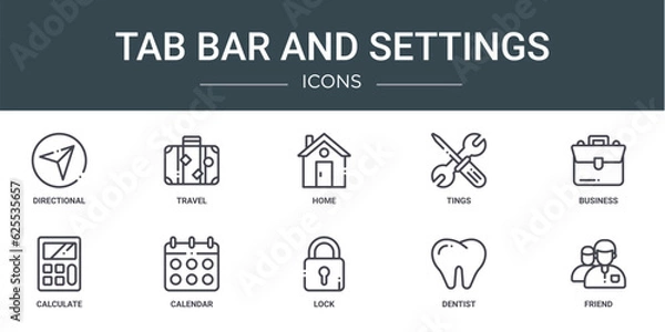 Fototapeta set of 10 outline web tab bar and settings icons such as directional, travel, home, tings, business, calculate, calendar vector icons for report, presentation, diagram, web design, mobile app