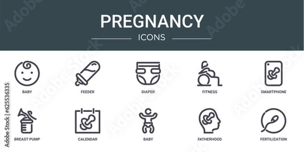 Fototapeta set of 10 outline web pregnancy icons such as baby, feeder, diaper, fitness, smartphone, breast pump, calendar vector icons for report, presentation, diagram, web design, mobile app
