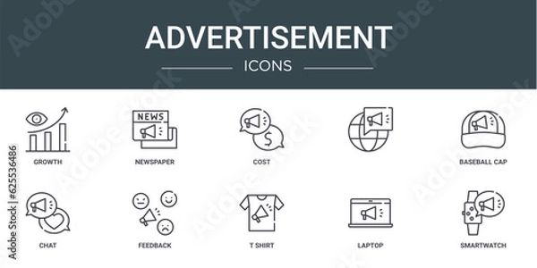 Fototapeta set of 10 outline web advertisement icons such as growth, newspaper, cost, , baseball cap, chat, feedback vector icons for report, presentation, diagram, web design, mobile app
