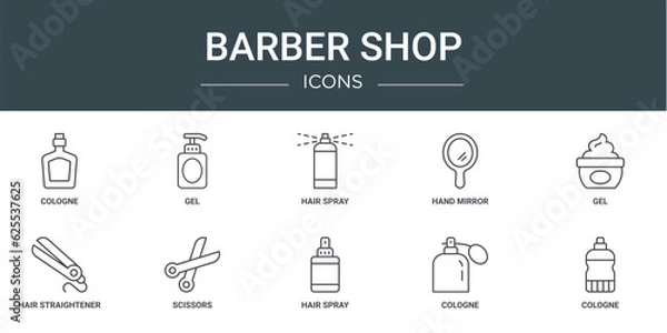 Fototapeta set of 10 outline web barber shop icons such as cologne, gel, hair spray, hand mirror, gel, hair straightener, scissors vector icons for report, presentation, diagram, web design, mobile app