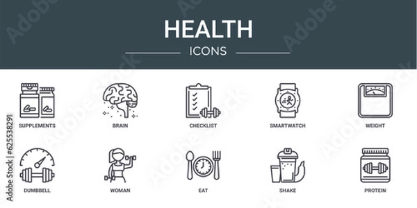 Obraz set of 10 outline web health icons such as supplements, brain, checklist, smartwatch, weight, dumbbell, woman vector icons for report, presentation, diagram, web design, mobile app