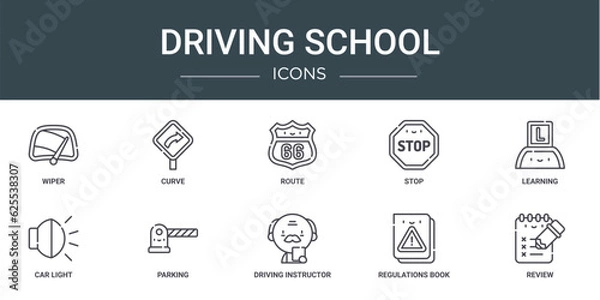 Fototapeta set of 10 outline web driving school icons such as wiper, curve, route, stop, learning, car light, parking vector icons for report, presentation, diagram, web design, mobile app