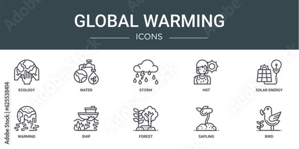 Fototapeta set of 10 outline web global warming icons such as ecology, water, storm, hot, solar energy, warming, ship vector icons for report, presentation, diagram, web design, mobile app