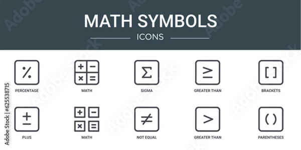 Fototapeta set of 10 outline web math symbols icons such as percentage, math, sigma, greater than, brackets, plus, math vector icons for report, presentation, diagram, web design, mobile app