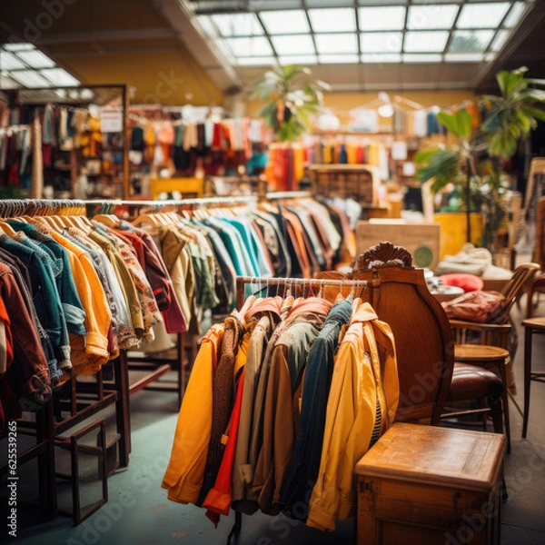 Fototapeta plain t-shirts of different colors hang on a hanger, store interior blur.