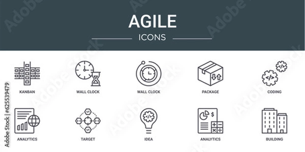 Fototapeta set of 10 outline web agile icons such as kanban, wall clock, wall clock, package, coding, analytics, target vector icons for report, presentation, diagram, web design, mobile app