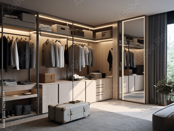 Fototapeta Contemporary grey-themed dressing room with ample storage. Generative AI