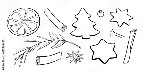 Fototapeta Set of vector Christmas winter outline elements in doodle style. For templates menu, recipes, greeting cards